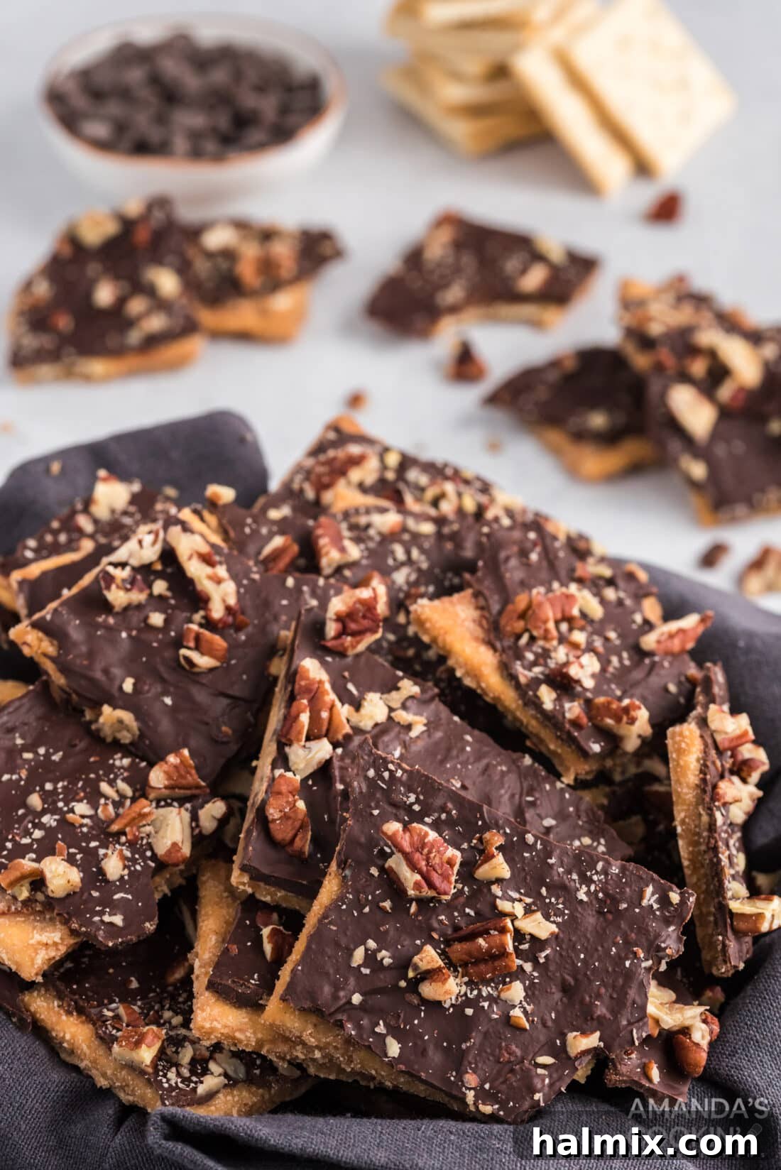 Close-up of Saltine Toffee with various toppings