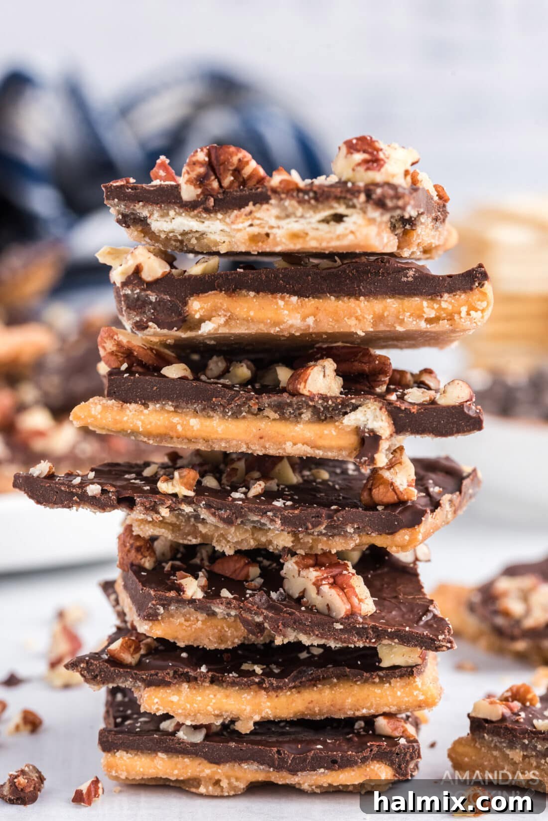 Stack of freshly made Saltine Toffee pieces