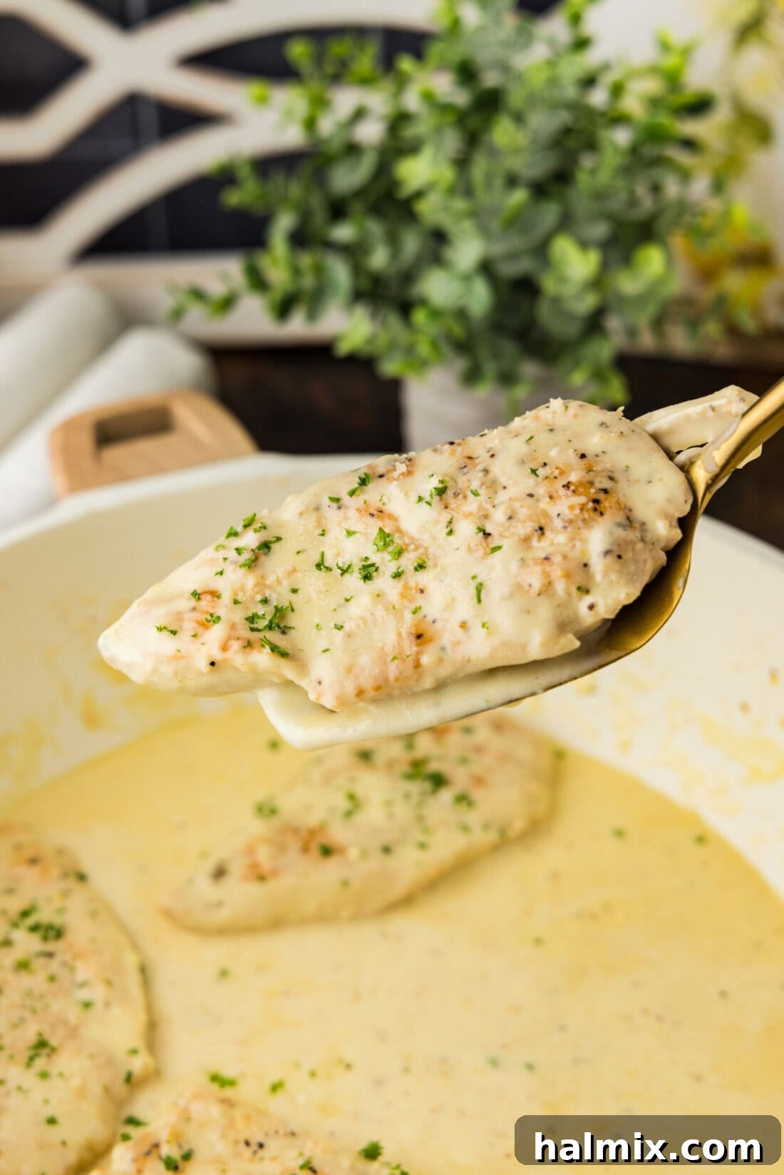 Garlic Parmesan Chicken on a spatula held above a skillet of Garlic Parmesan Chicken