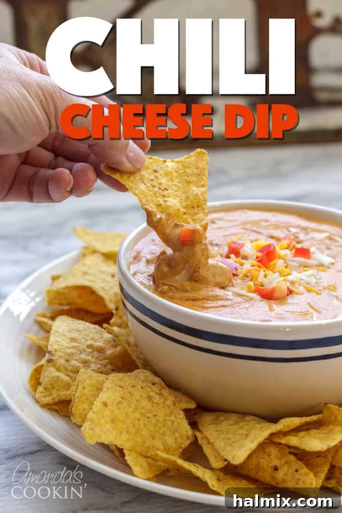 A beautifully presented serving of chili cheese dip in a rustic bowl with chips, ready to eat.
