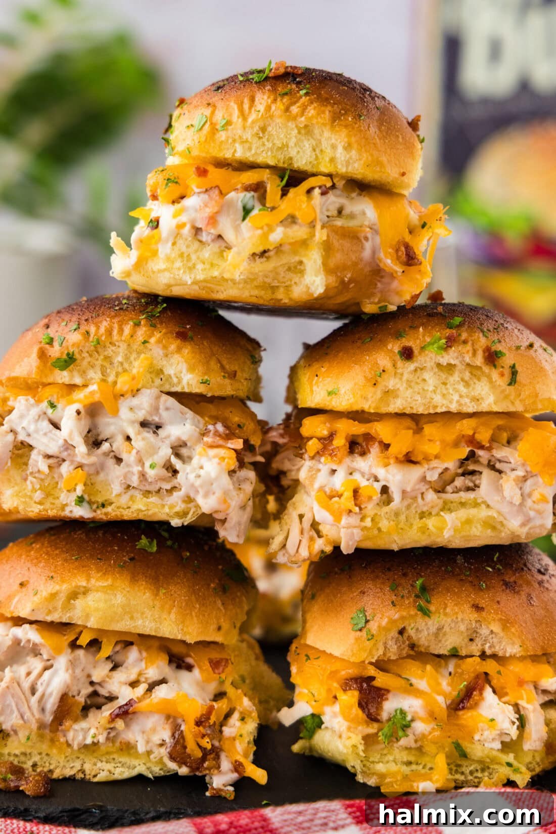 Stack of Golden Brown Chicken Bacon Ranch Sliders