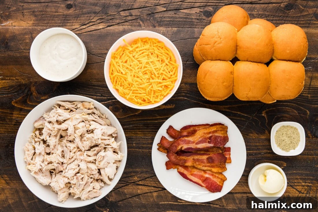 Ingredients laid out for Chicken Bacon Ranch Sliders recipe
