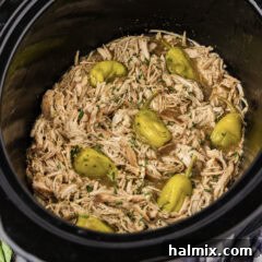 Close up photo of Mississippi Chicken in a crockpot