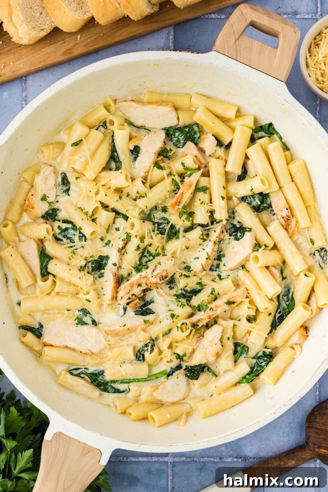 Skillet of Creamy Garlic Chicken Pasta, perfectly cooked and ready to serve.