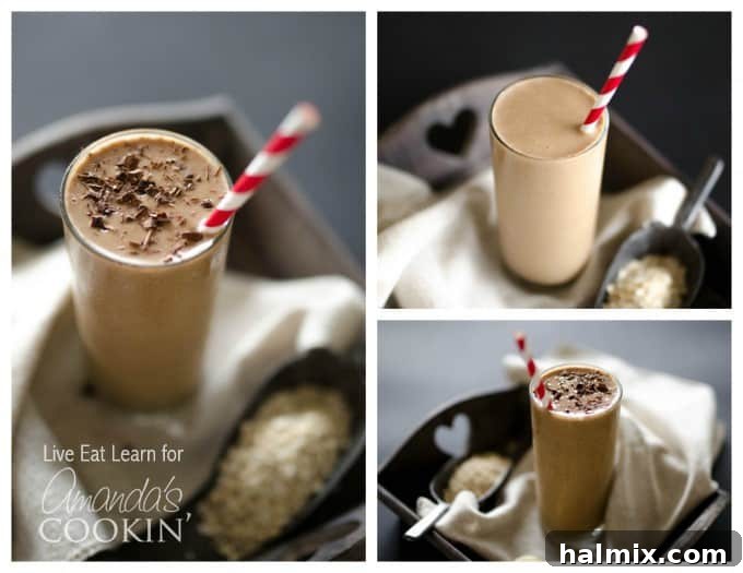 This Loaded Coffee Smoothie is packed with whole grains, fruit, protein, and (the best part) coffee! Everything you need to get out the door in 5 minutes! Coffee smoothie collage showing different angles and garnishes