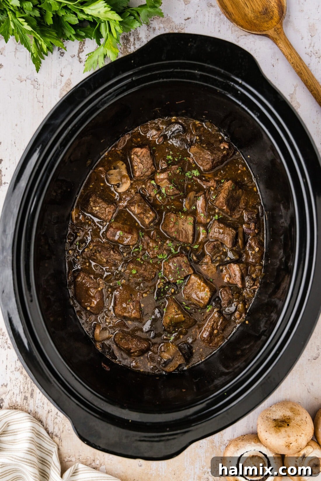 Overhead photo of a Crockpot of Crockpot Beef Tips and Gravy