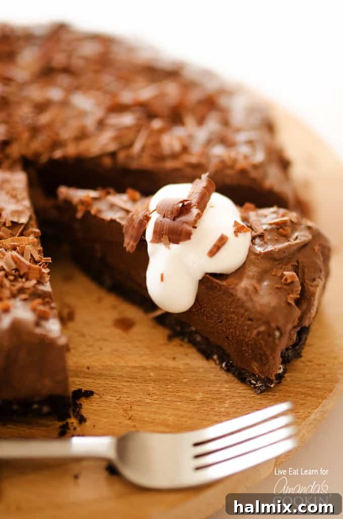 A close up of an avocado chocolate mousse cake slice next to the rest of the cake.