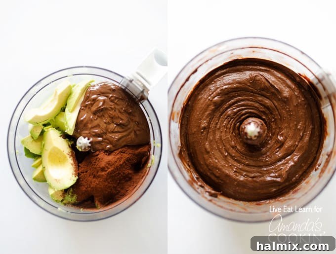 An overhead photo of avocados being added to a food processor of melted chocolate, cocoa powder, coconut cream, vanilla, and salt.
