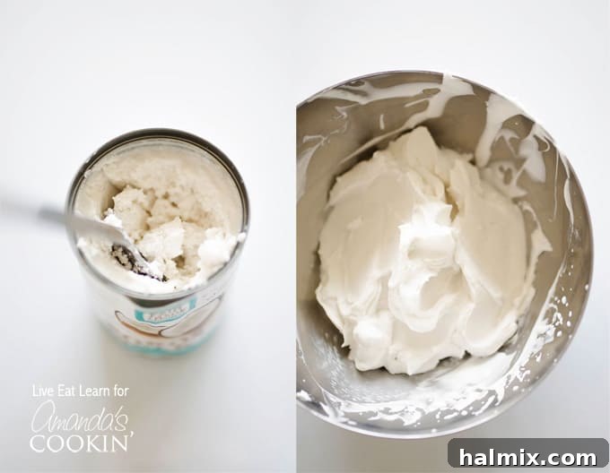 Overhead photos of a can of coconut cream and a stainless steel bowl of coconut cream.