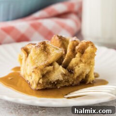 Close up photo of a slice of French Toast Casserole on a plate
