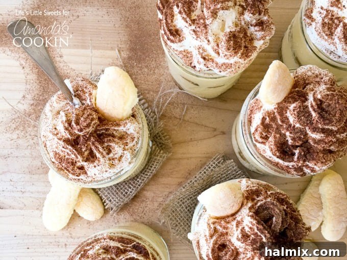 An overhead photo of tiramisu trifles in mason jars, showcasing the beautifully arranged desserts.
