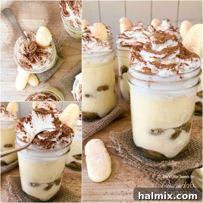 A collection of photos of tiramisu trifles in mason jars, showing various angles and stages.
