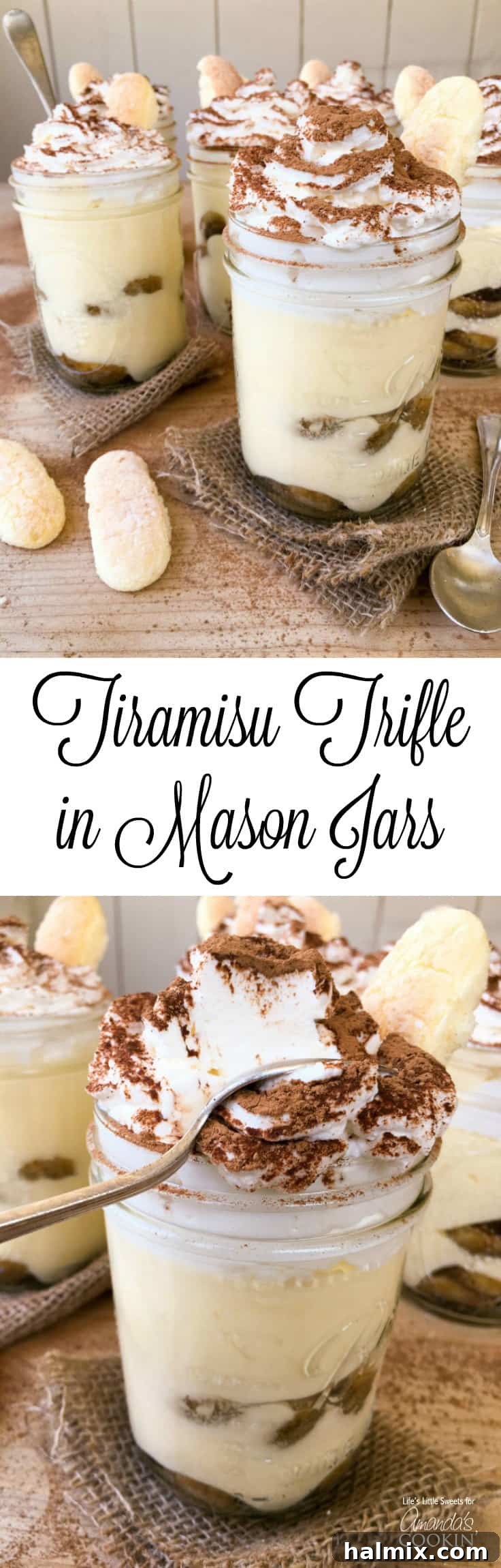 Photos of tiramisu trifle in mason jars, for Pinterest or other platforms.