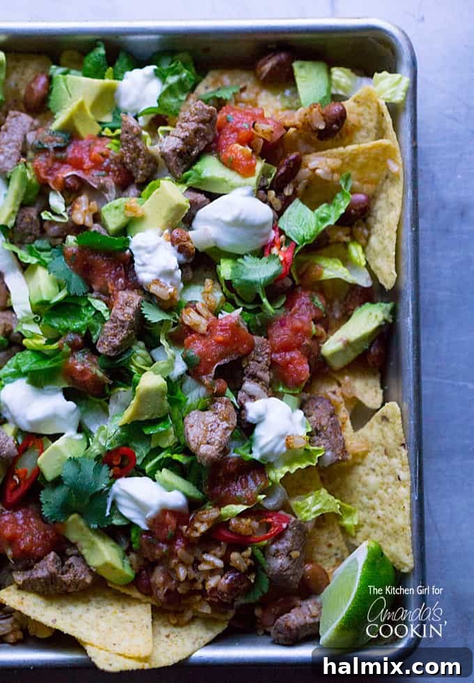 An overhead photo of Filet Mignon Steak Nachos generously topped with beans, rice, fresh lettuce, creamy avocado, vibrant salsa, a dollop of sour cream, and fresh cilantro.