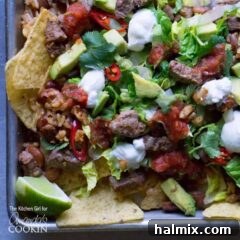 An overhead photo of filet mignon steak nachos topped with beans, rice, lettuce, avocado, salsa, sour cream, and cilantro.
