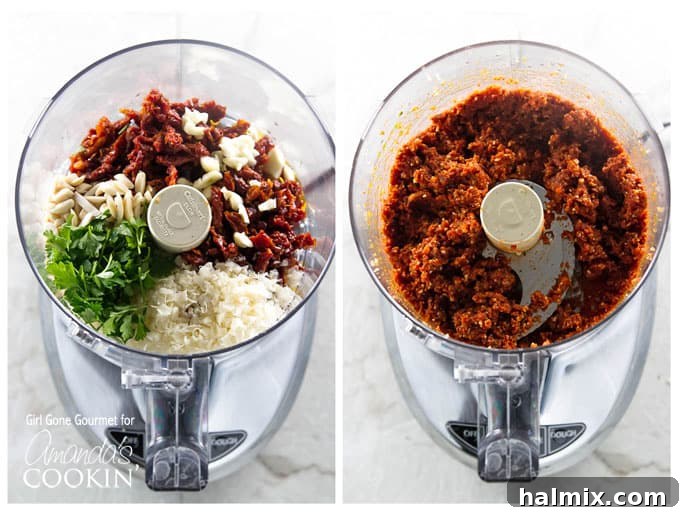 Mediterranean Sun-Kissed Pesto 3 Photos of sun-dried tomato pesto ingredients being combined in a food processor.