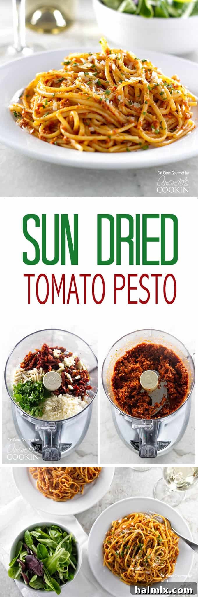 Mediterranean Sun-Kissed Pesto 6 Photos of sun-dried tomato pesto in a food processor, closeup detail.