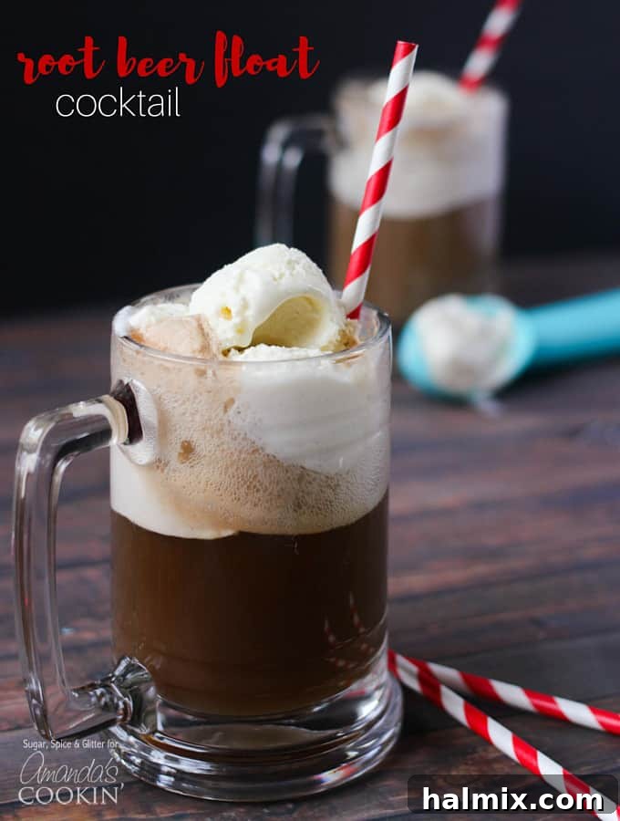 A close up photo of a root beer float cocktail served with a red and white straw, showing the texture of the ice cream and foam.