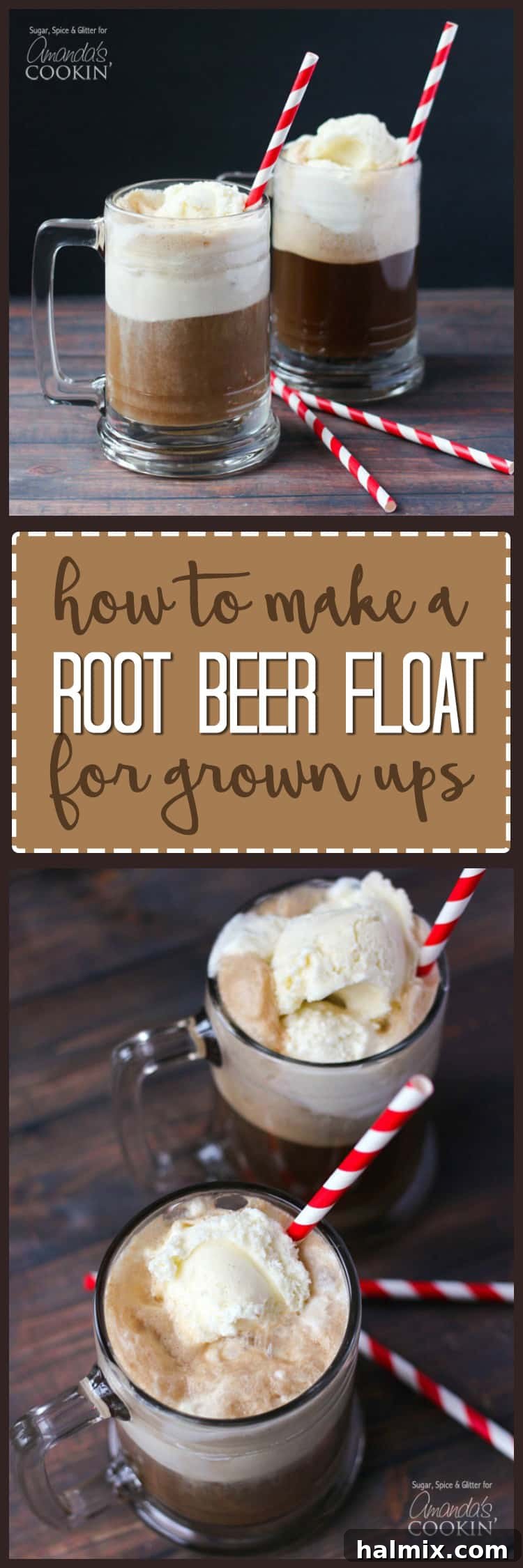 Photos of root beer float cocktails, showing various angles and presentations of the drink.