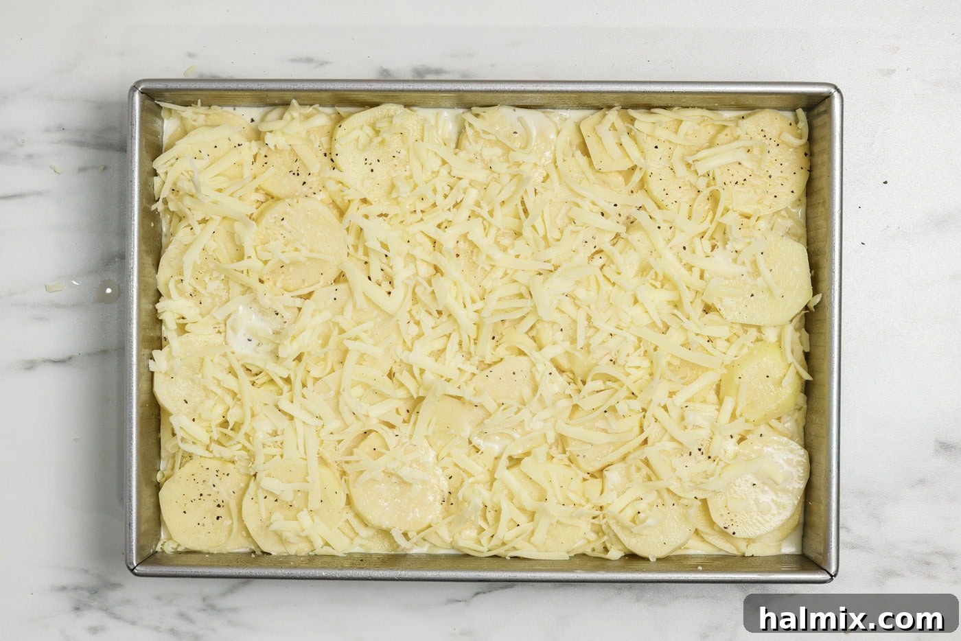 Layer of cheese on top of potatoes au gratin in a baking pan