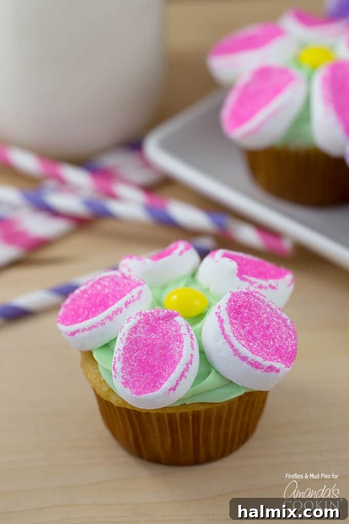 Marshmallow Blossom Cupcakes 5 A detailed close-up of a finished marshmallow flower cupcake, highlighting its intricate design.