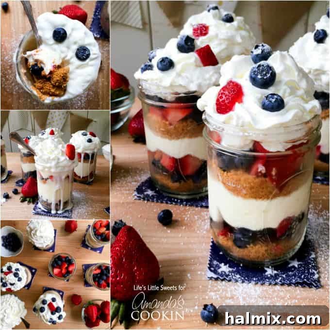 No-Bake Berry Cheesecake Trifle Jars 6 An assortment of images of no bake berry cheesecake trifles in mason jars on a wooden cutting board.