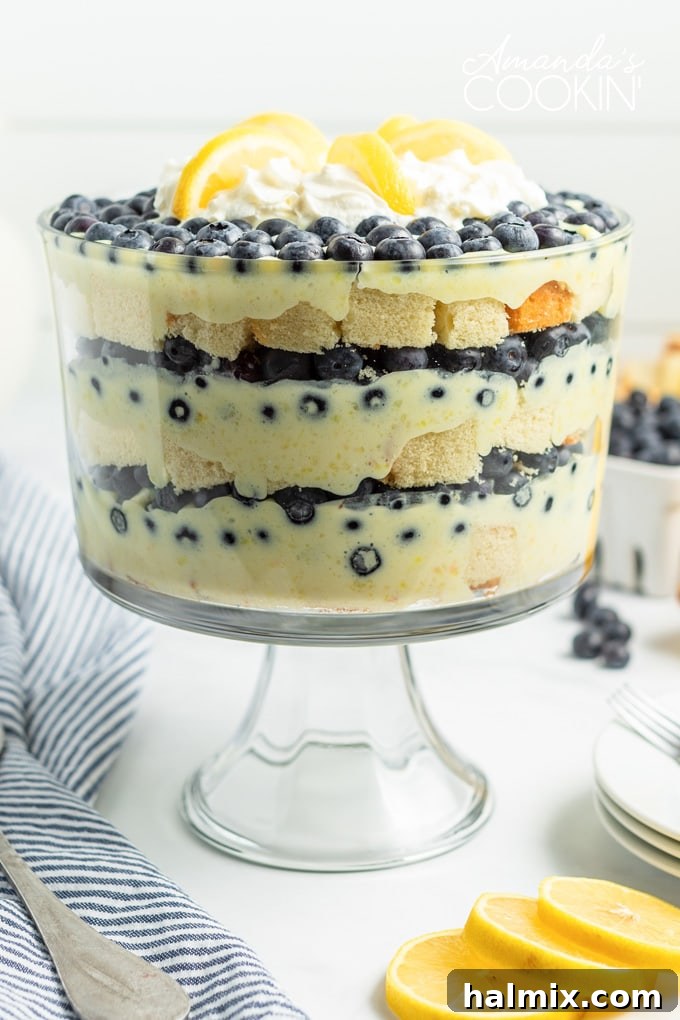 lemon blueberry trifle with a blue towel and lemons on table
