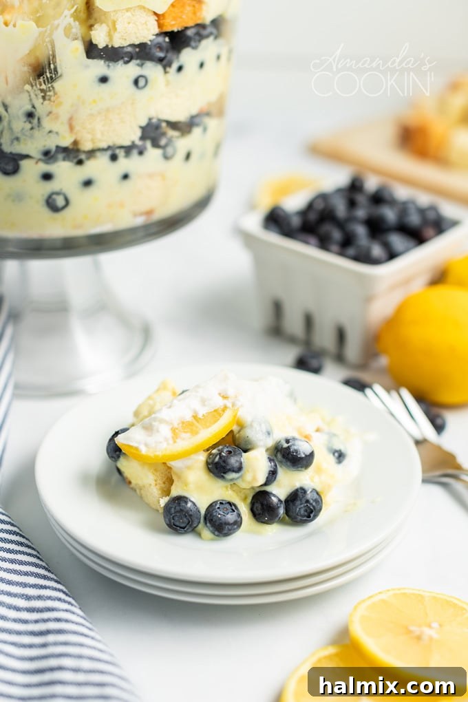 helping of lemon blueberry trifle on a plate