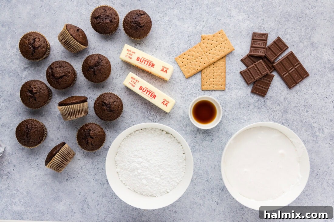 Collection of ingredients for S'mores Cupcakes including chocolate cake mix, marshmallow fluff, graham crackers, and Hershey's chocolate