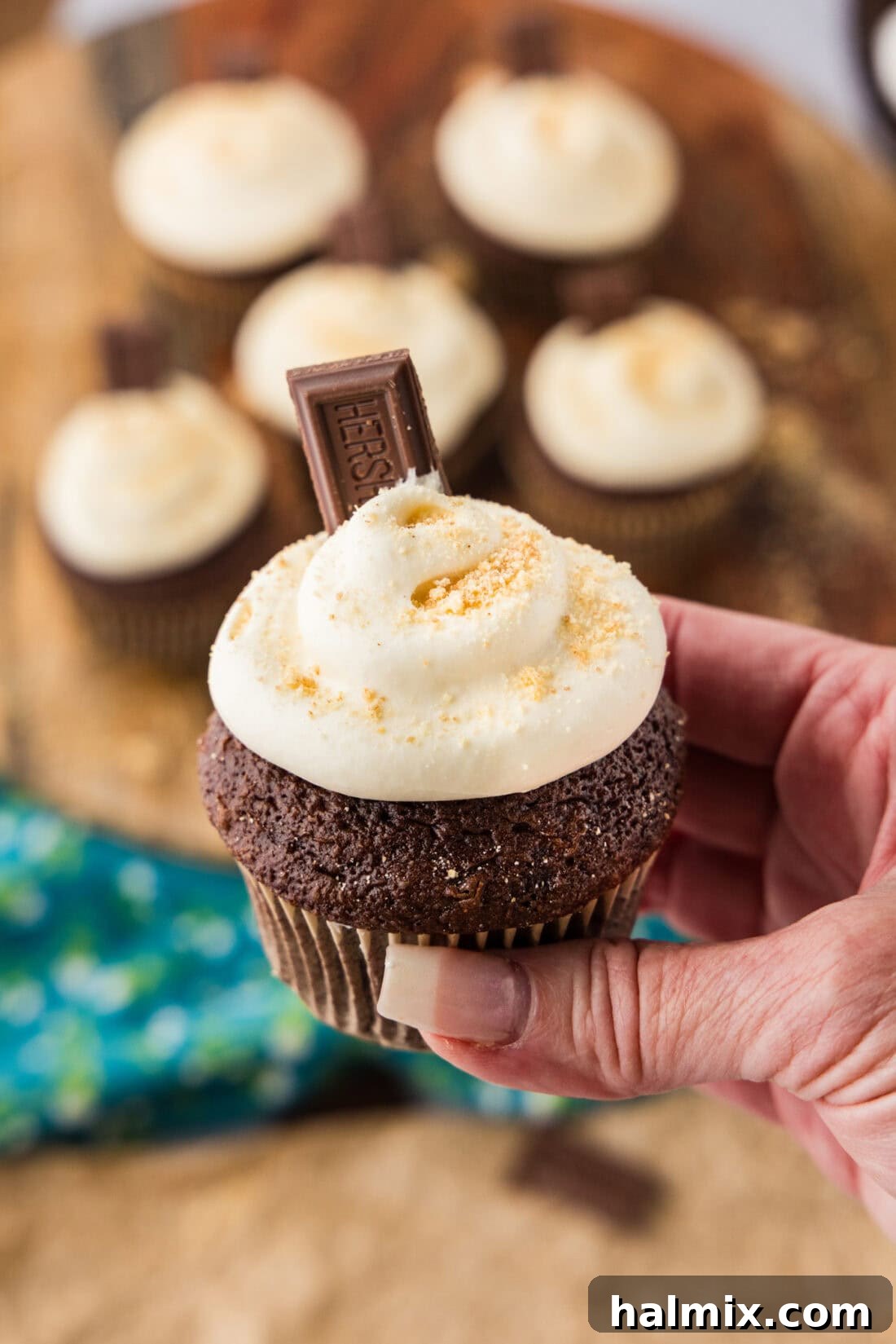 Hand holding a perfectly decorated S'mores Cupcake