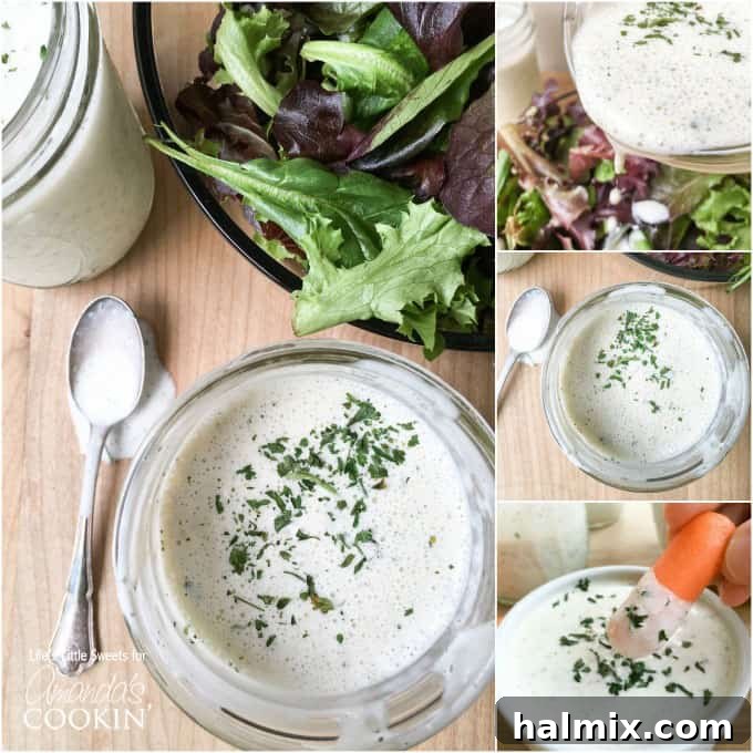 Try this delicious buttermilk ranch dressing recipe at home instead of buying another bottle. This homemade ranch dressing is creamy, delicious and fresh! A collage of various images featuring buttermilk ranch dressing, including a close-up pour and serving suggestions