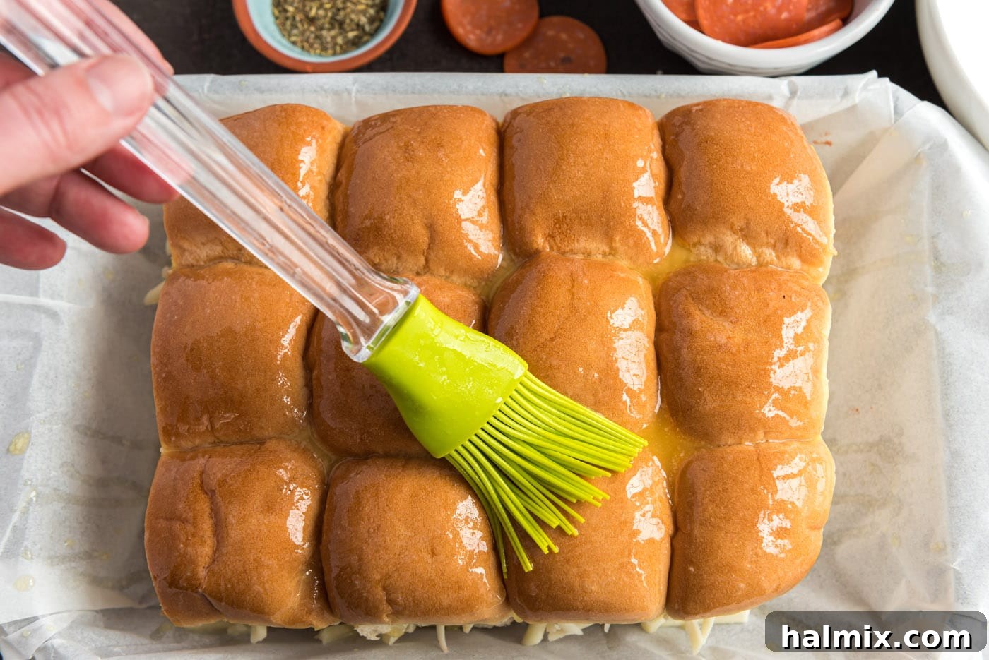 Cheesy Pizza Buns 10 basting slider buns with butter