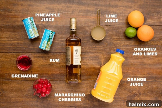 Island Elixir 4 A vibrant flat lay of ingredients for a delicious rum punch, featuring fresh pineapple and orange juices, a bottle of rich rum, zesty lime juice, and colorful garnishes like citrus slices and maraschino cherries.