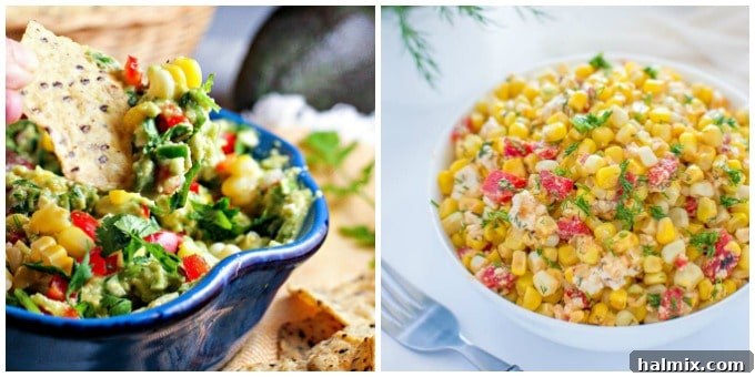 Vibrant Summer Pasta Salad 6 A collage of photos featuring corn salad and guacamole, suggesting other summer recipe ideas.