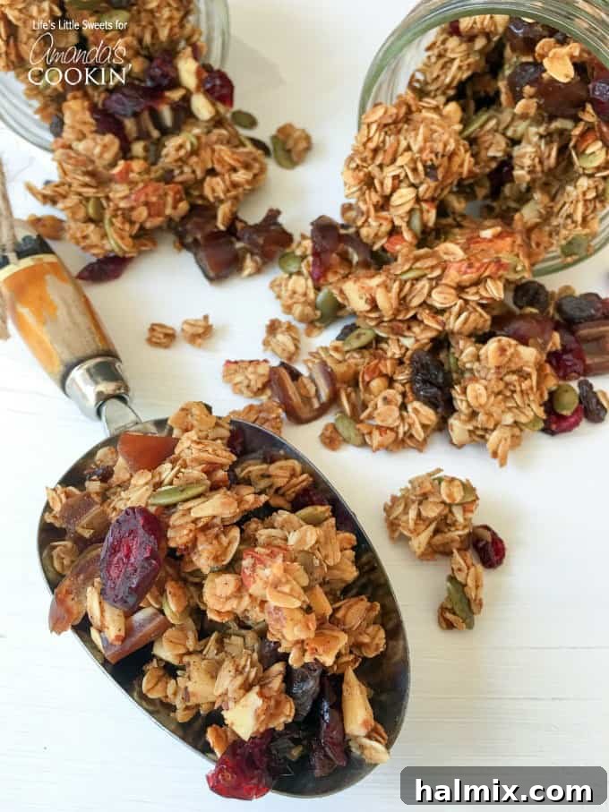 A close up photo of autumn harvest fruit and nut granola, highlighting its texture and ingredients.