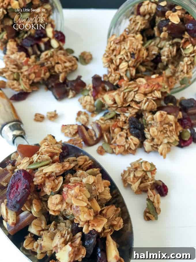 Another close-up shot of the autumn harvest fruit and nut granola, emphasizing its appealing texture and mix of ingredients.
