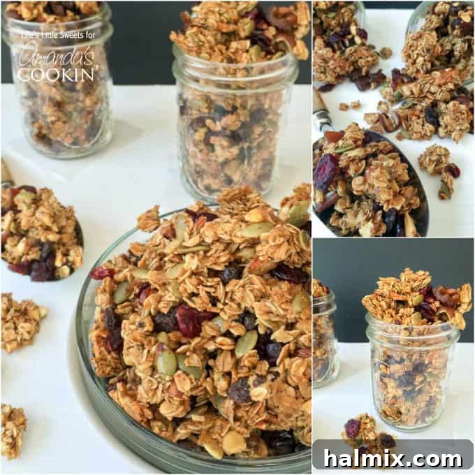 An assortment of vibrant photos showcasing the autumn harvest fruit and nut granola from different angles, highlighting its appeal.