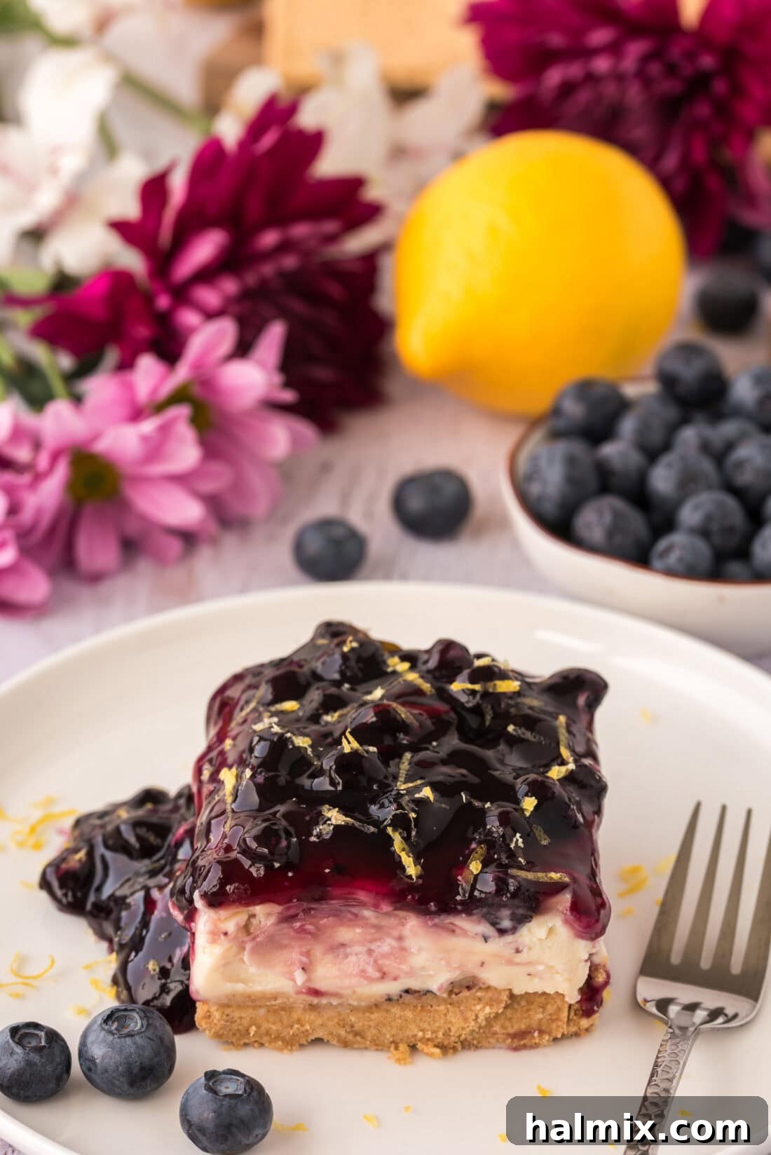 Slice of No Bake Blueberry Cheesecake on a plate, garnished with lemon zest