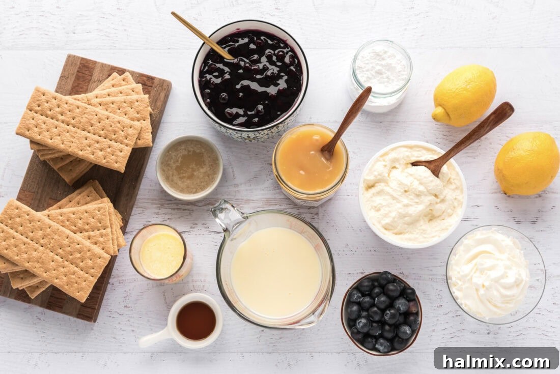Ingredients for No Bake Blueberry Cheesecake laid out on a table