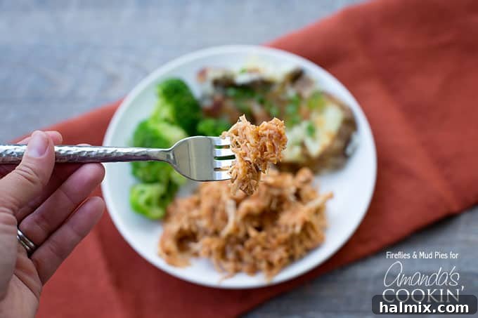 A close up shot of perfectly cooked BBQ crockpot chicken on a fork, poised above a serving plate filled with more shredded BBQ chicken.