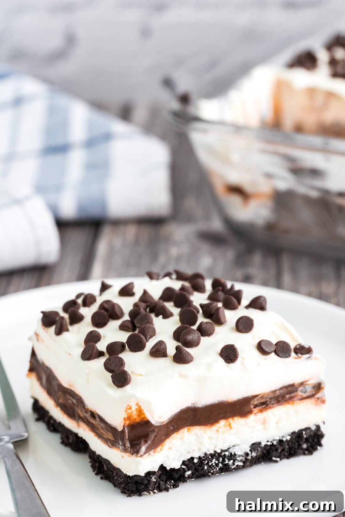 Slice of Chocolate Lasagna on a plate