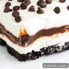 slice of chocolate lasagna - a chocolate pudding and cream cheese layered dessert