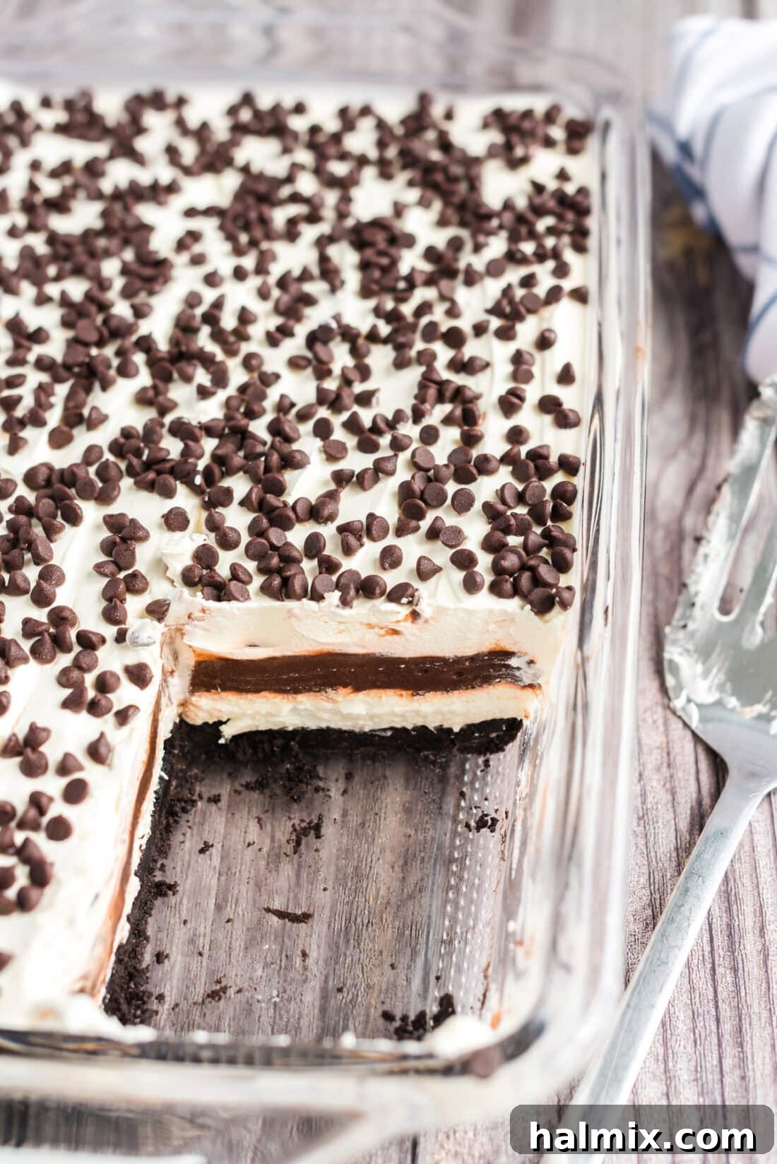Pan of Chocolate Lasagna with a slice removed