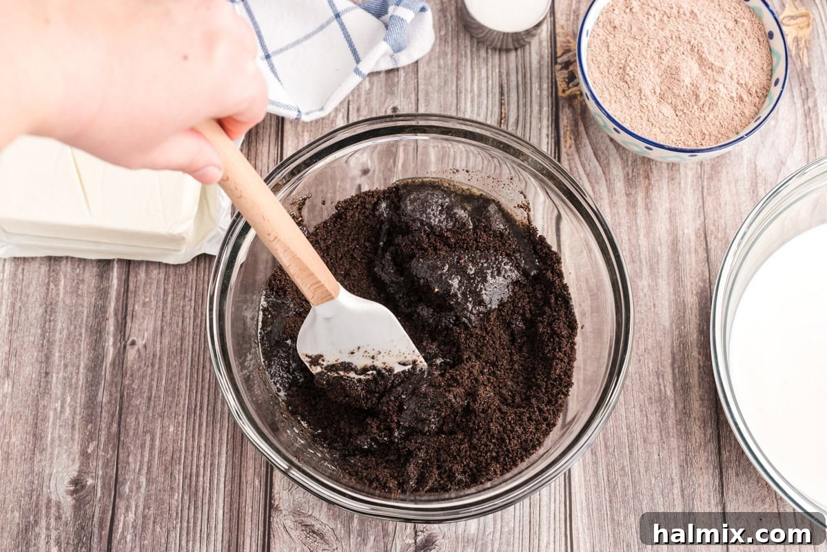 Spoon stirring Oreo cookie crumbs and melted butter in a mixing bowl