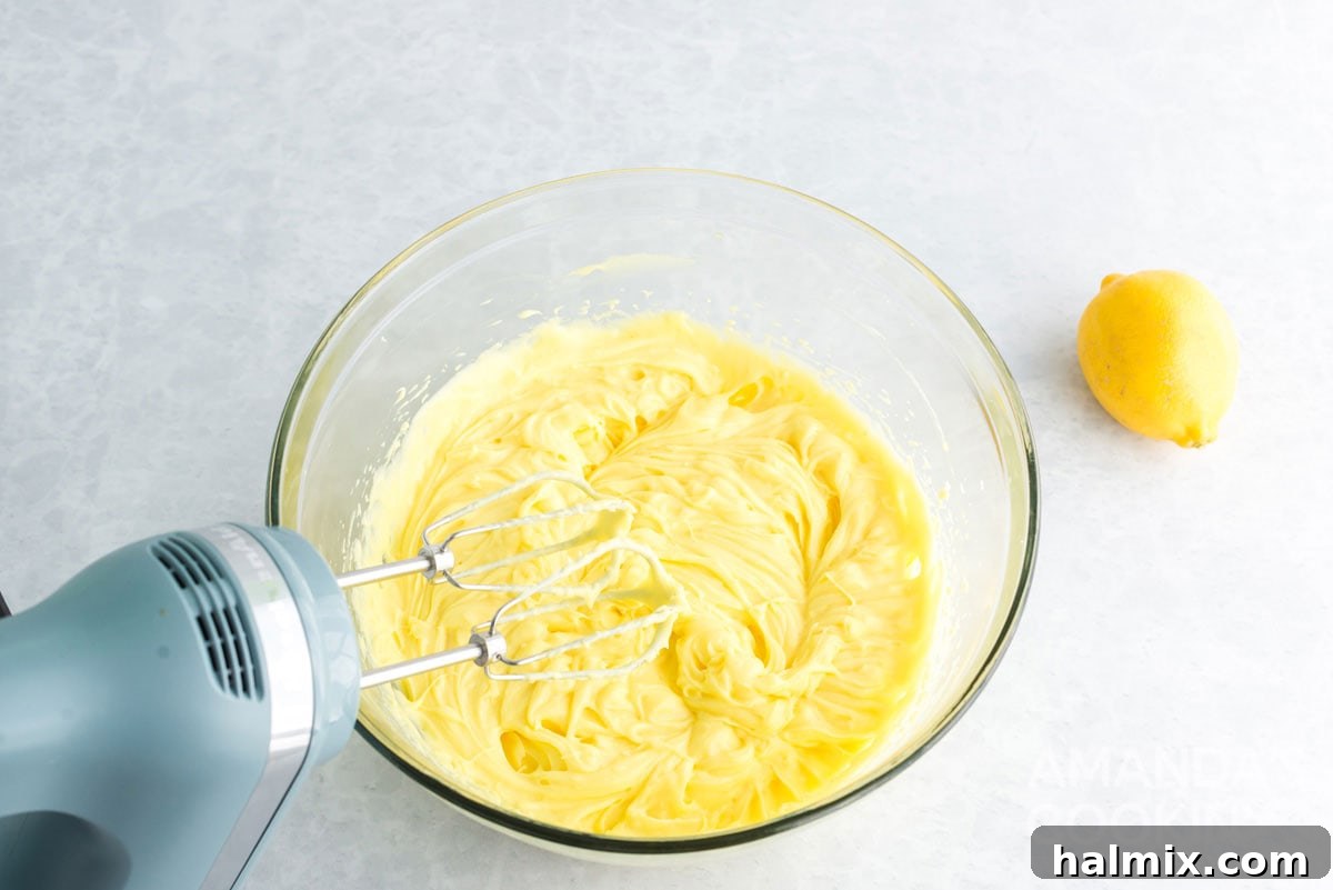 The smoothly combined lemon pudding and cream cheese mixture, ready for layering.