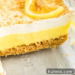 A perfect slice of lemon cheesecake pudding dessert with distinct layers.