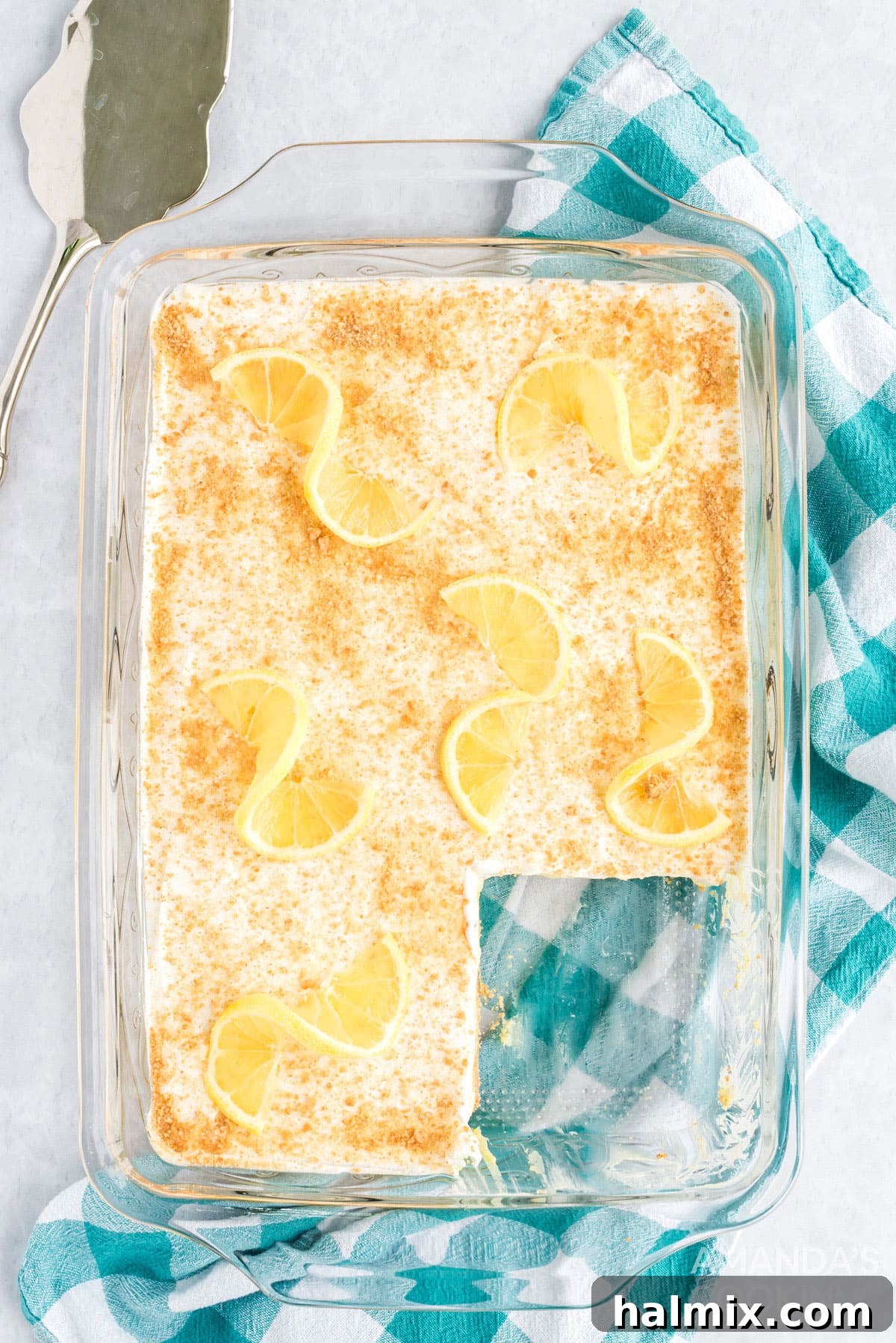 Overhead view of a chilled lemon cream cheese pudding dessert in a 13x9 inch pan, garnished with fresh lemon slices and graham cracker crumbs.