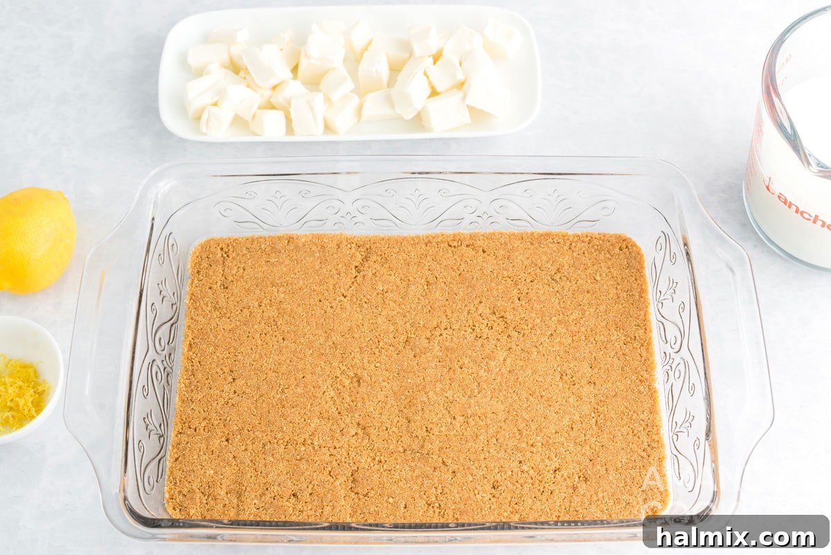 A perfectly formed graham cracker crust chilled in a baking pan, ready for the filling.