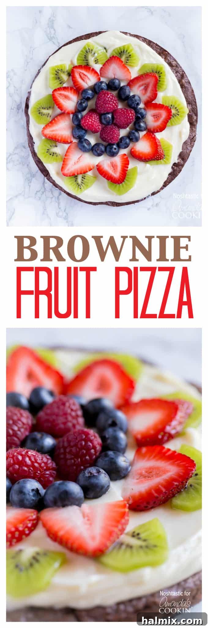 A photo of fruit pizza on a white platter, ready to be served.