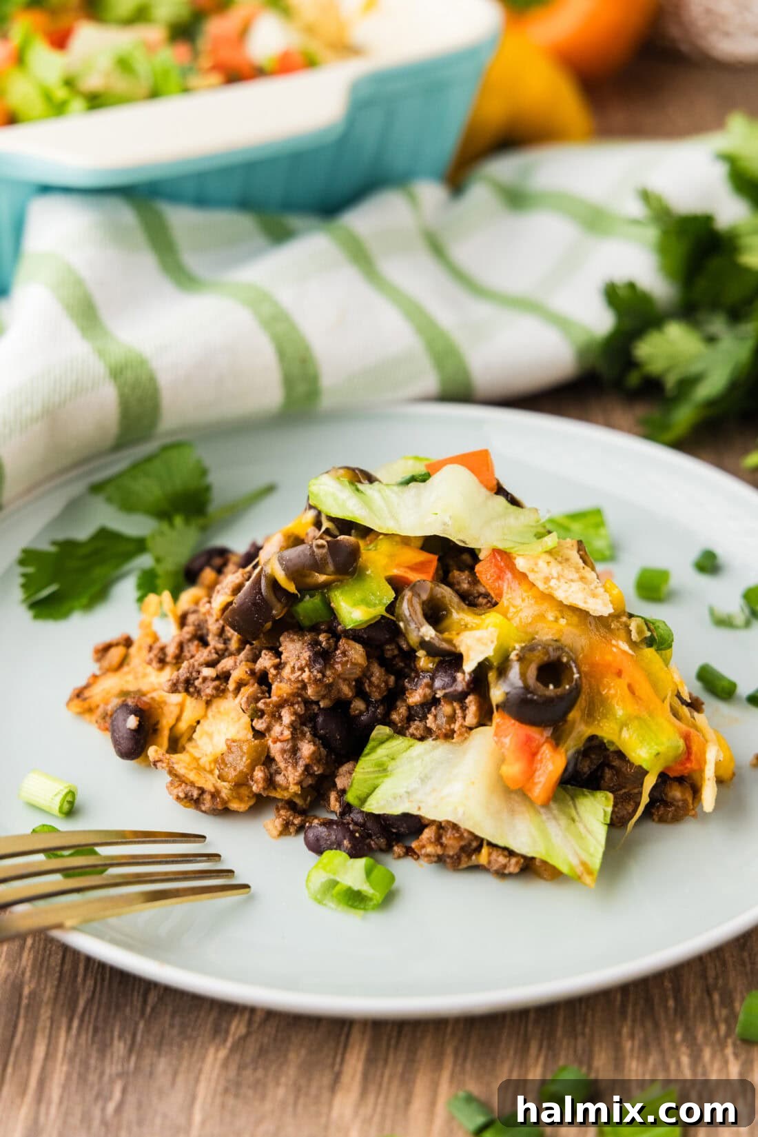 Ultimate Taco Bake 12 Close up photo of a serving of Taco Casserole on a plate